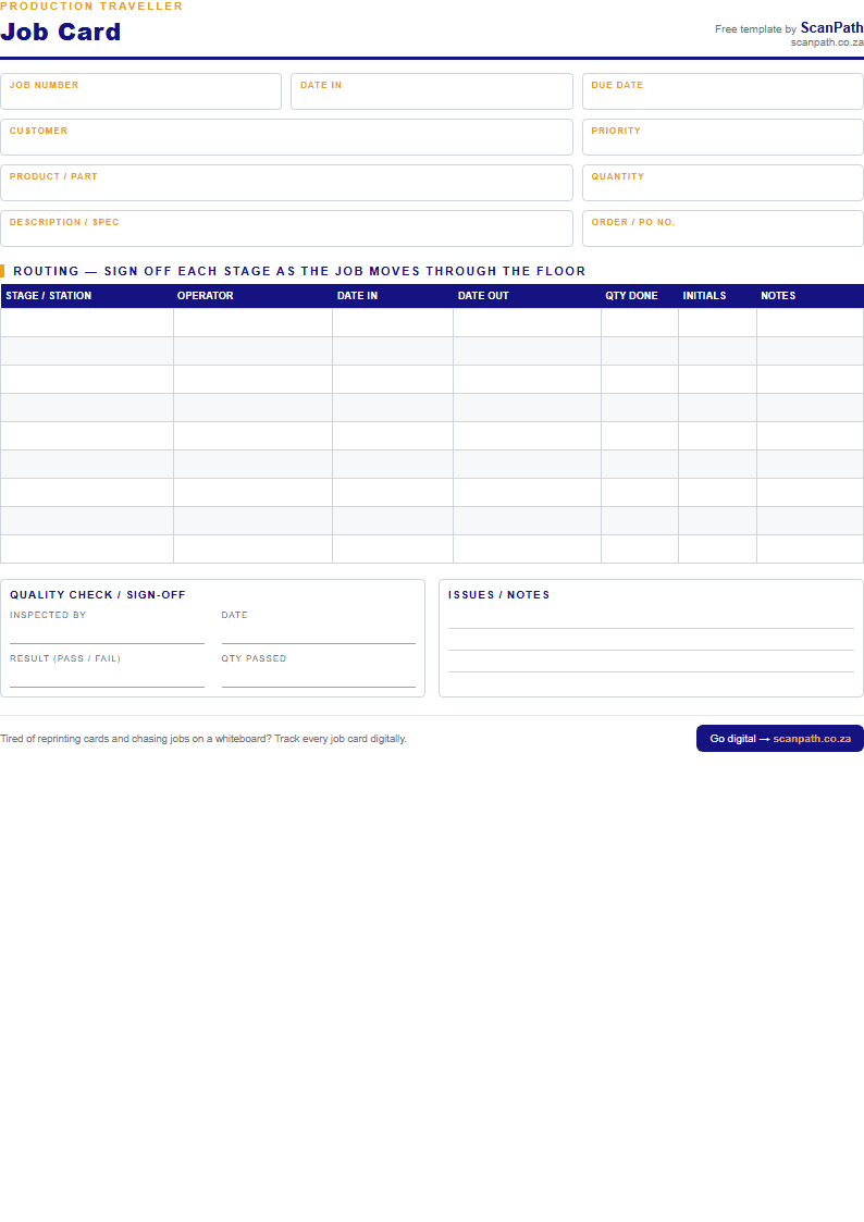 Free printable job card and production traveller template for factories